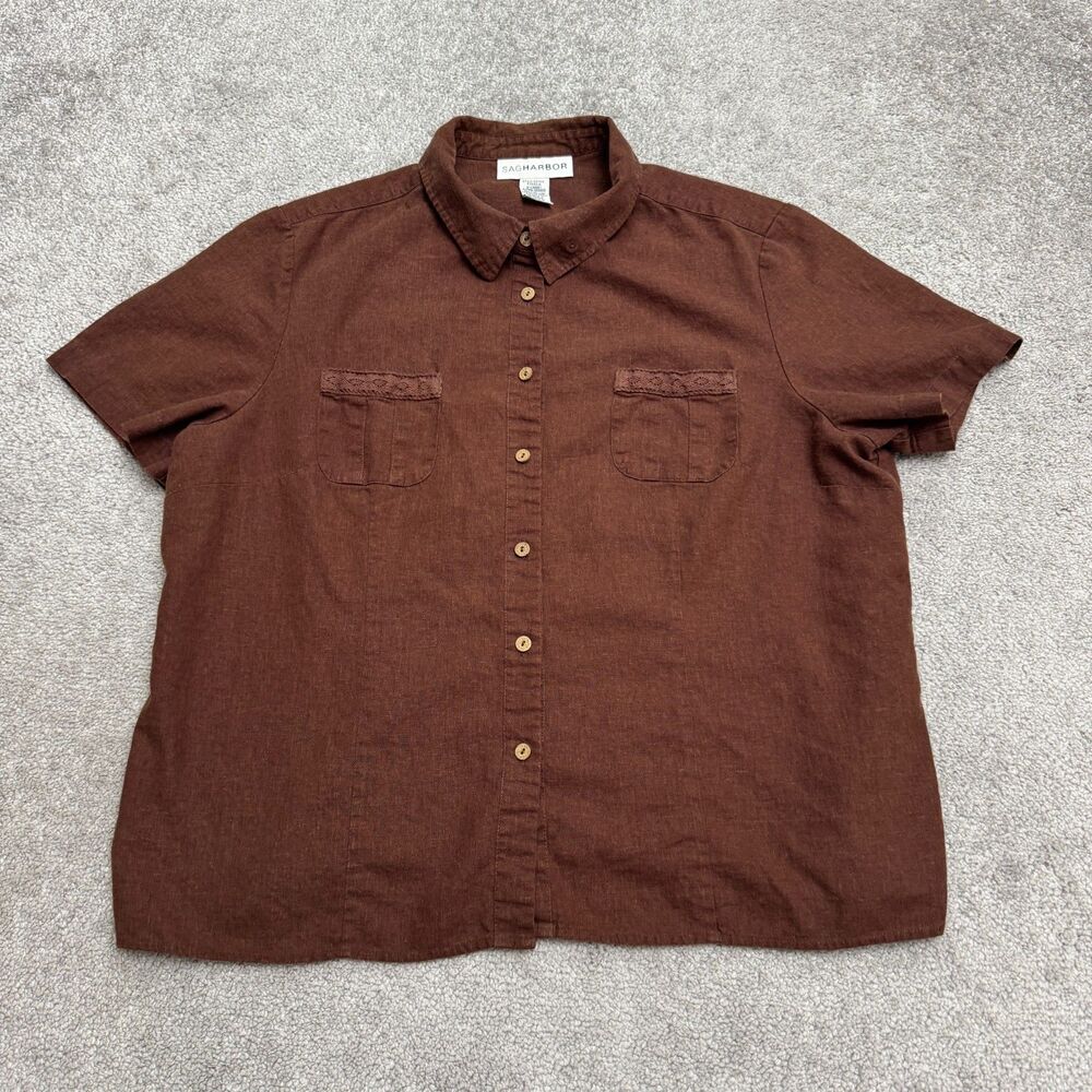 Vintage Sag Harbor Button Down Shirt Womens XL Brown Linen Blend Crochet Pocket
